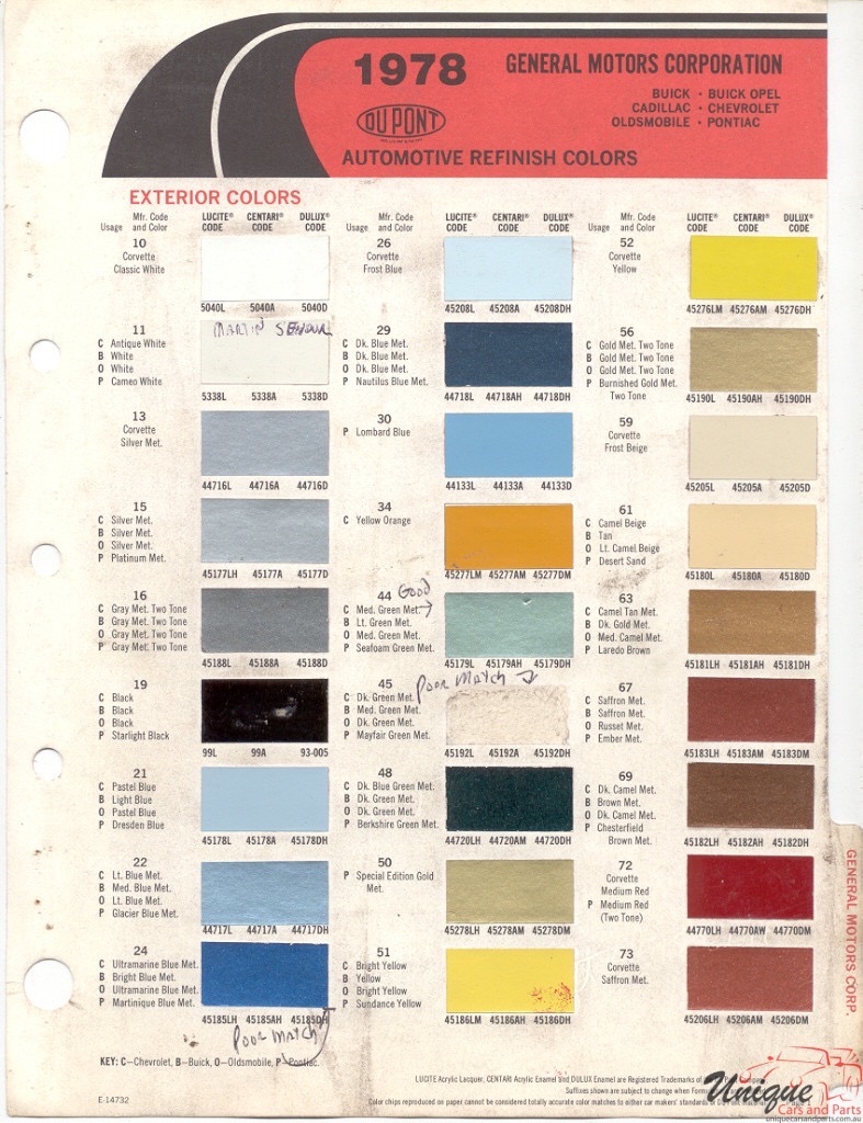 1978 General Motors Paint Charts DuPont 1